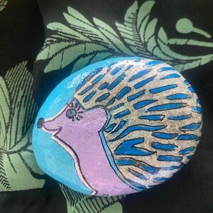 Hand-Painted Blue and Purple Hedgehog porcupine Rock